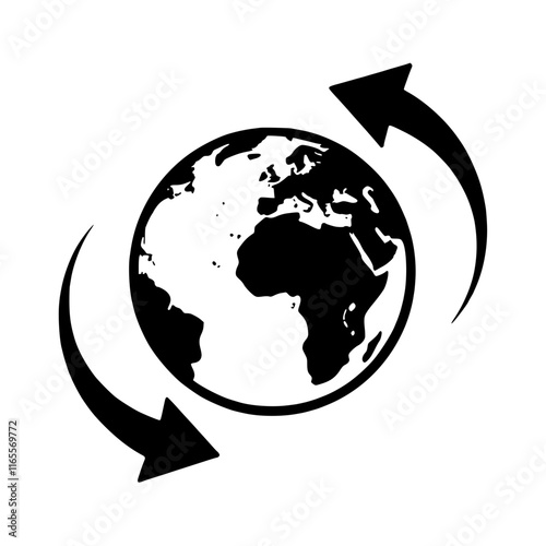 Global connectivity and worldwide communication are represented by this graphic of a globe encircled by arrows, symbolizing seamless data exchange and international collaboration.