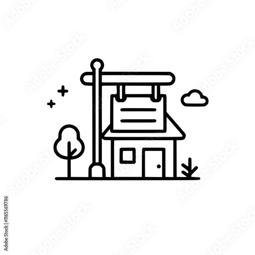 Small business storefront with a hanging sign.  Ideal for real estate, retail, or small business concepts. Simple line art illustration, perfect for website banners or app icons.