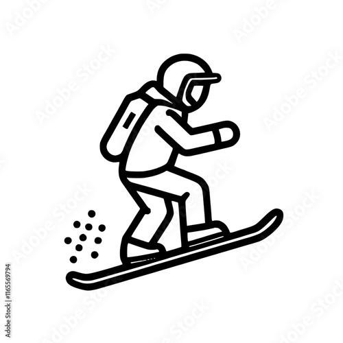 Snowboarder carving down a snowy slope, a thrilling winter sport.  The snowboarder is wearing a helmet and backpack, showcasing skill and adventure.