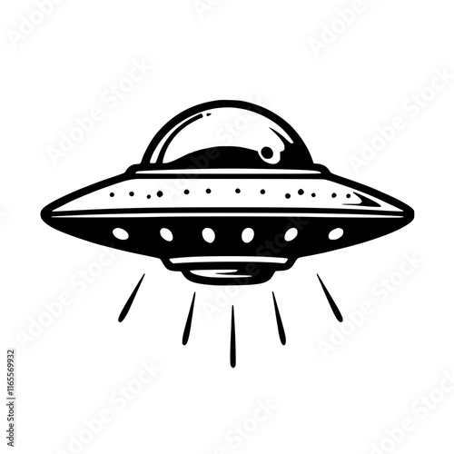 Classic UFO illustration, a black and white drawing of a flying saucer with beams of light emanating from below.  Perfect for sci-fi themes, retro designs, or space-related projects.