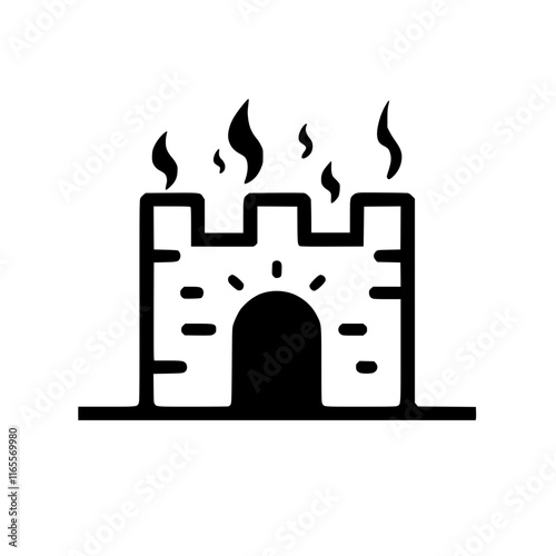 A burning castle, engulfed in flames.  Smoke billows from the top, the gateway is dark and ominous. This striking image evokes feelings of destruction and loss.