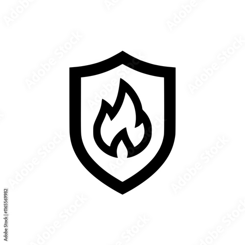 Fire protection icon.  A bold graphic depicting a shield with a flame, symbolizing safety and security against fire hazards. Ideal for security, insurance, and emergency response applications.