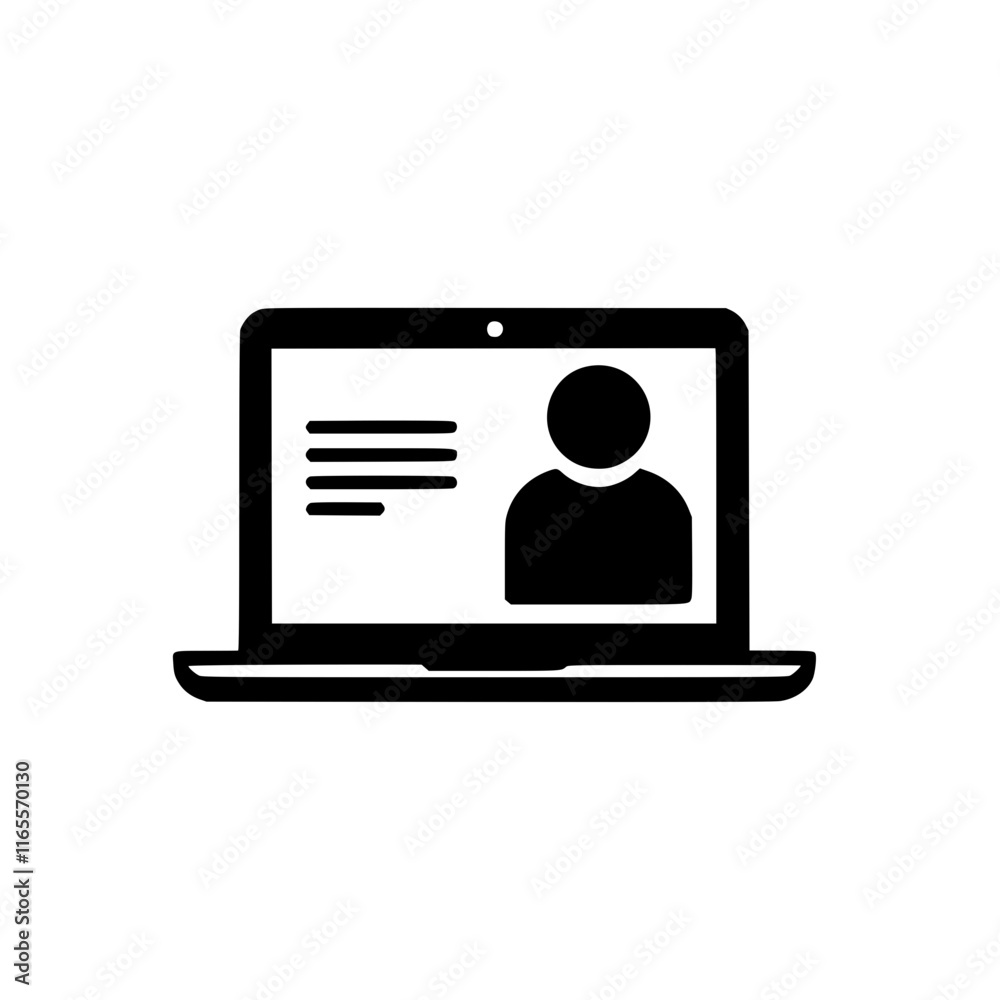 Laptop displaying a profile. Simple black and white icon showing a person's profile on a computer screen. Ideal for websites, apps, or presentations needing a user profile graphic. Laptop displaying a profile. Simple black and white icon showing a person's profile on a computer screen. Ideal for websites, apps, or presentations needing a user profile graphic.