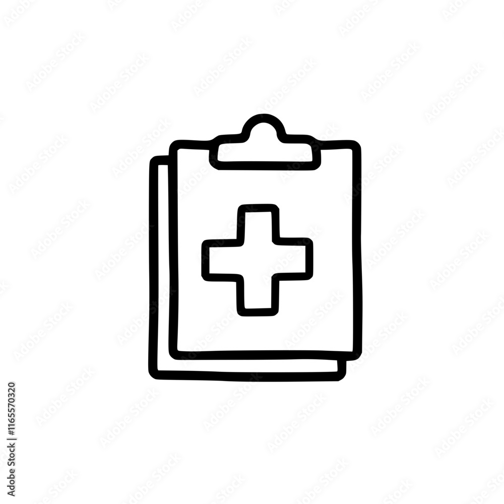Medical records on a clipboard. A simple line drawing of a clipboard with a cross, symbolizing healthcare and medical information. Medical records on a clipboard. A simple line drawing of a clipboard with a cross, symbolizing healthcare and medical information.