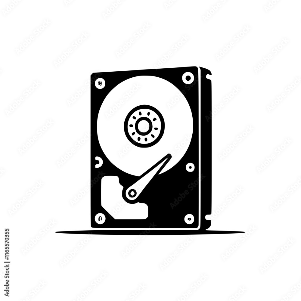 Hard drive data storage icon. Black and white illustration of a hard disk drive, representing digital storage and technology. Hard drive data storage icon. Black and white illustration of a hard disk drive, representing digital storage and technology.