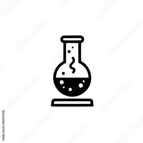 Boiling liquid in a round-bottom flask, sitting on a stand.  Bubbles indicate a chemical reaction or experiment in progress.  A simple, clean illustration.