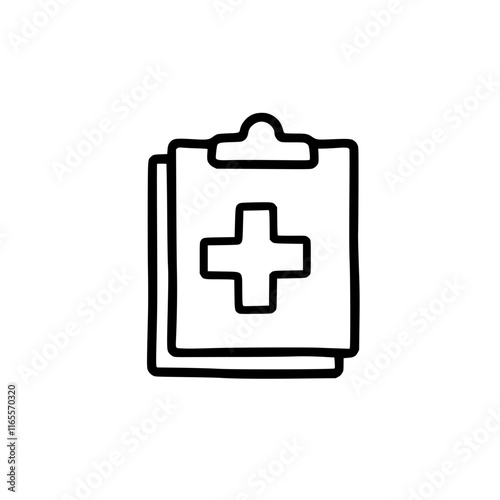 Medical records on a clipboard.  A simple line drawing of a clipboard with a cross, symbolizing healthcare and medical information.