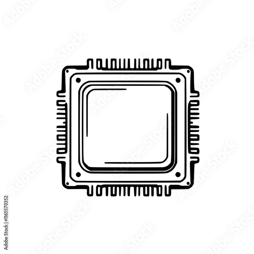 A hand-drawn illustration of a computer processor, showcasing its intricate design and internal components.  The detailed sketch highlights the complex circuitry and connections within the chip.