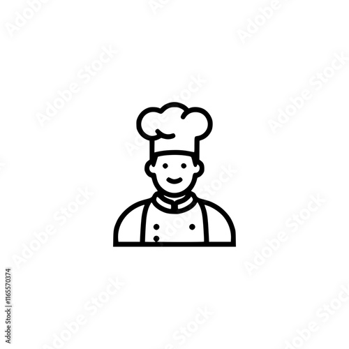 Smiling chef icon.  A simple line drawing of a happy chef wearing a toque. Perfect for restaurants, food blogs, or cooking websites.  Versatile and clean design.