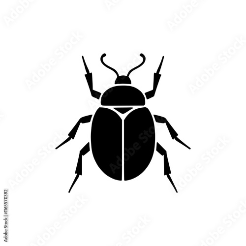 A detailed illustration of a beetle, showcasing its segmented body, legs, and antennae. The beetle is depicted in a simple, yet striking black silhouette against a white background.