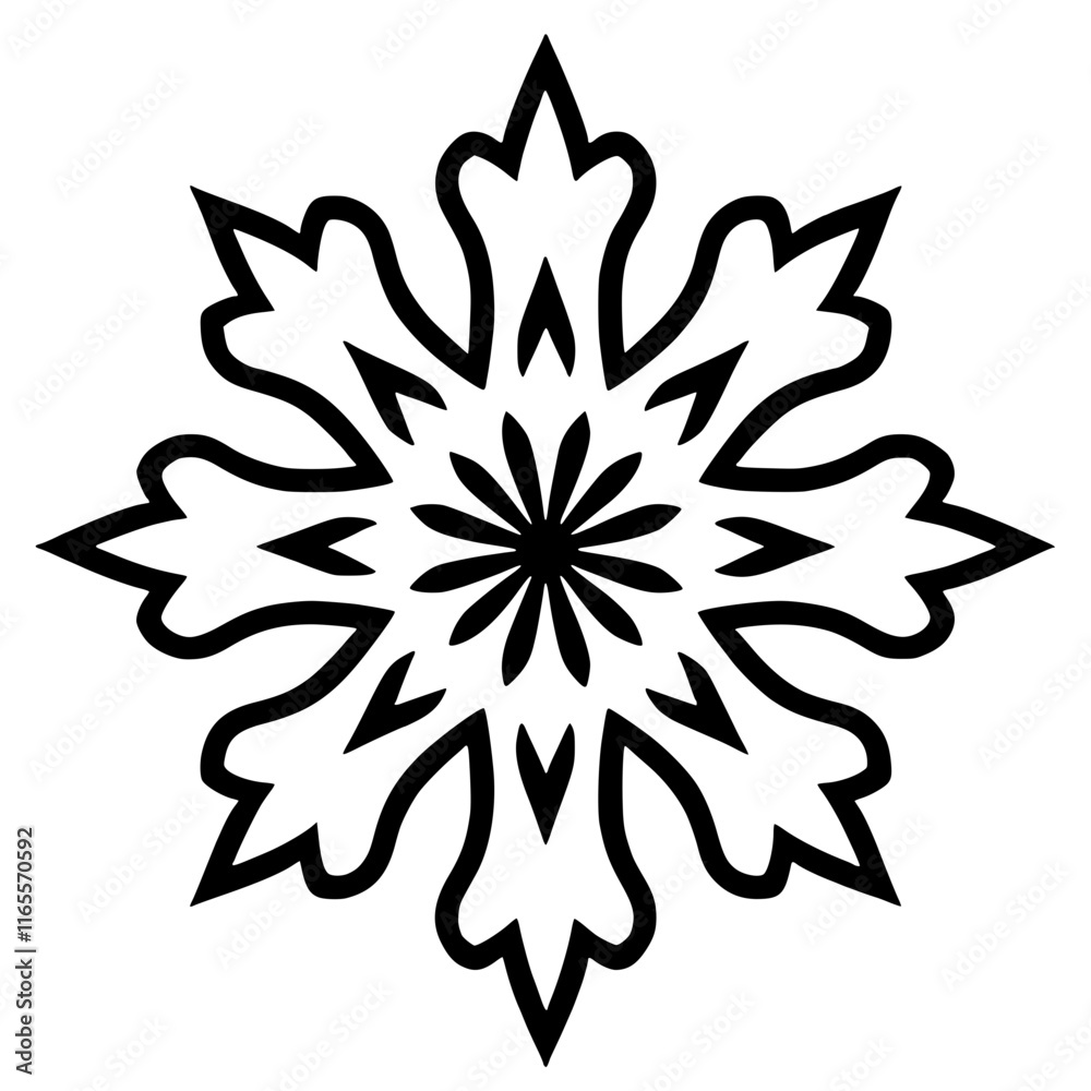 Intricate black and white snowflake design.  Perfect for winter themes, holiday decorations, or adding a touch of elegance to any project.  Symmetrical and visually appealing.