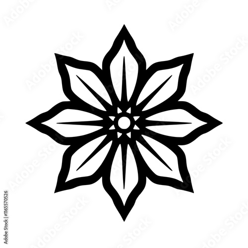 Geometric floral design. Black and white stylized flower with eight petals.  Perfect for patterns, logos, or decorative elements.  Clean lines and symmetrical form.