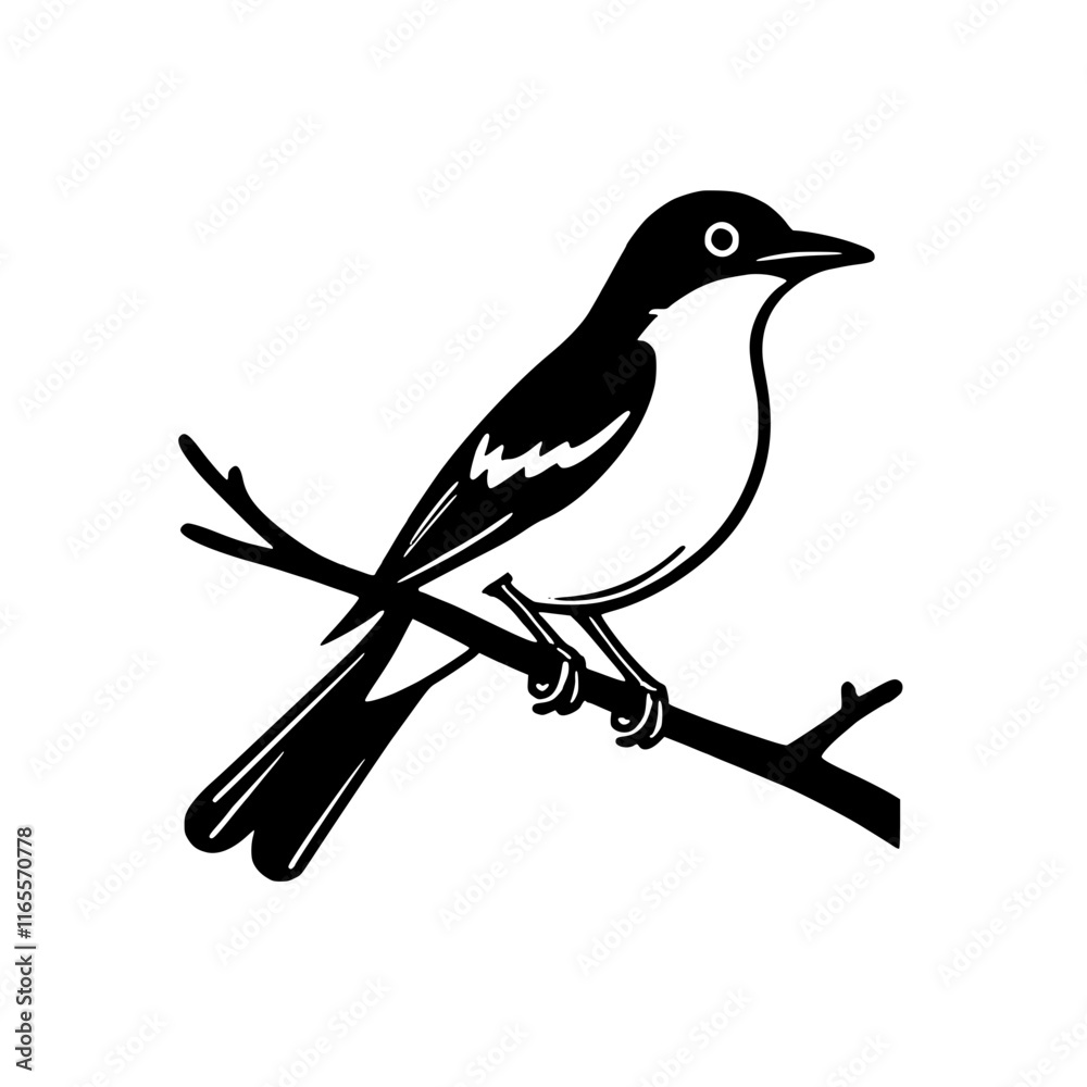 Fototapeta premium A black and white illustration of a bird perched on a branch. Simple, elegant design, perfect for nature-themed projects or branding.