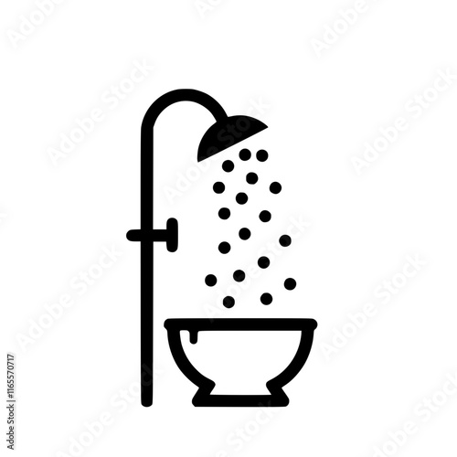 Overhead shower spraying water into a bowl. Simple black and white graphic illustration of a shower head and basin.