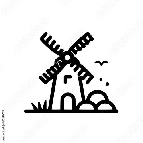 A charming windmill stands peacefully in a field, its blades turning gently in the breeze. Birds fly overhead, adding to the serene countryside scene. A simple, idyllic illustration of rural life.