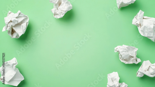 Crumpled white paper balls scattered on light green background photo