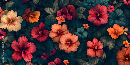 exotic flowers with bright contrasting colors arranged in a repeating pattern 