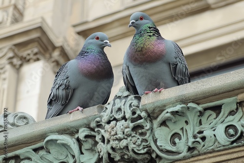 Two pigeons perching on decorative stone ledge of building photo