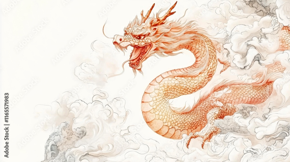 Obraz premium Traditional Chinese art depiction of a majestic dragon amid swirling clouds