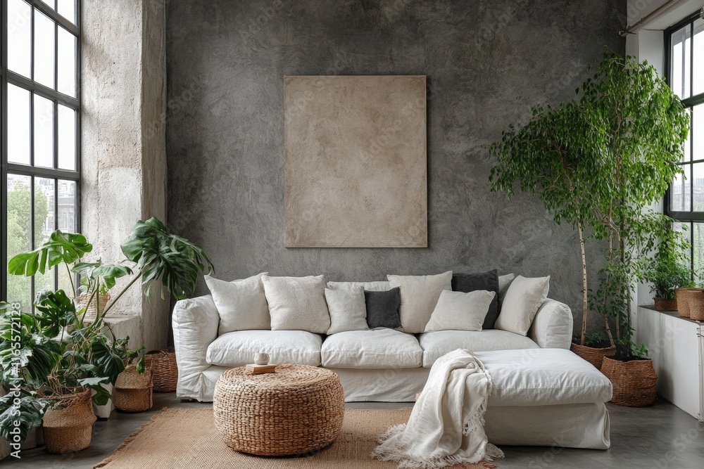 Modern loft living room interior design urban space high fidelity studio environment cozy atmosphere with greenery and natural light Modern loft living room interior design urban space high fidelity studio environment cozy atmosphere with greenery and natural light