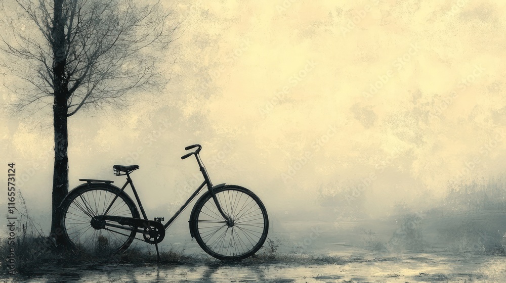 Fototapeta premium Vintage bicycle, tree, foggy landscape.