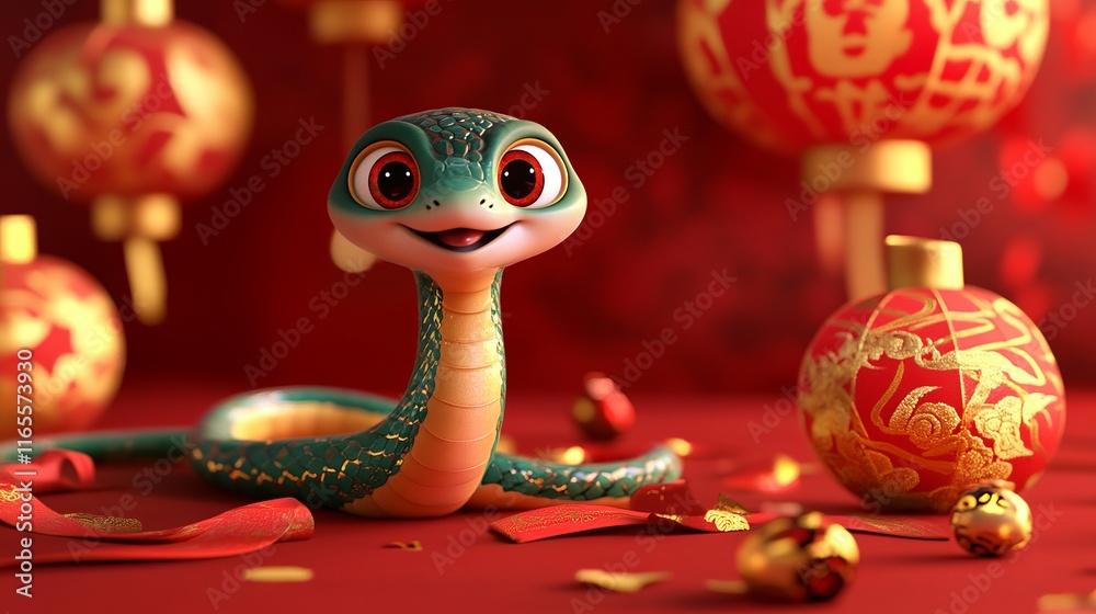 Fototapeta premium New year 2025 year of the Snake. Green cute snake is on the red Chinese lanterns on red background