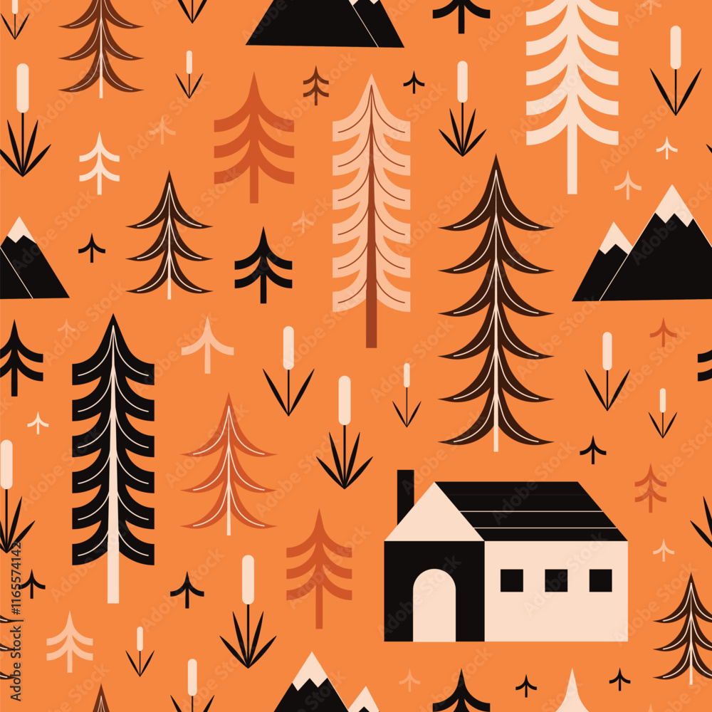 Scandinavian Forest House Geometric Seamless Pattern