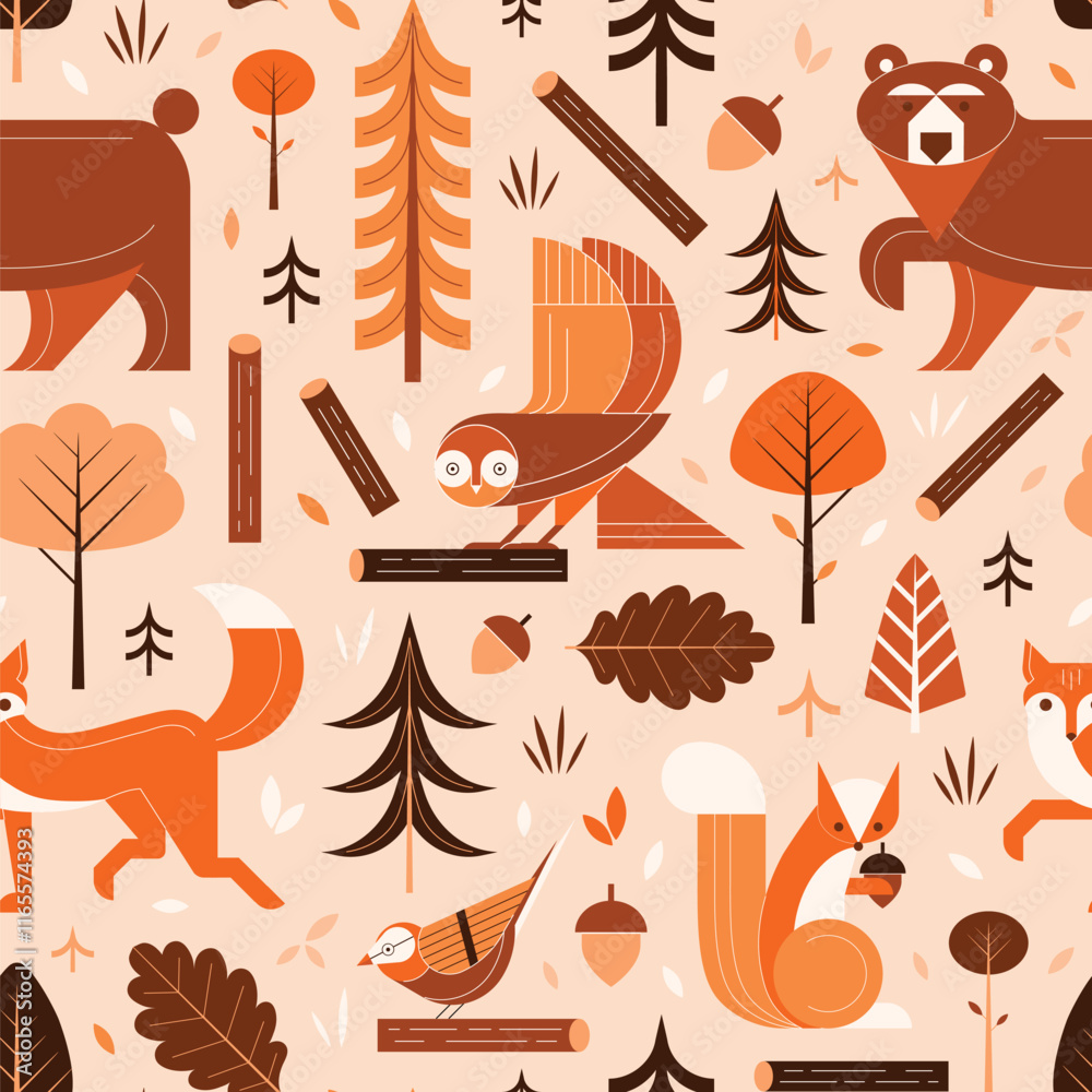 Woodland Animals and Birds in Nordic Forest Pattern