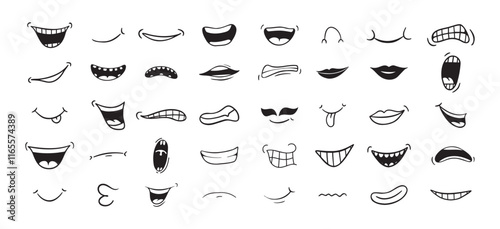 Cartoon mouth happy, smile, sad, angry expression doodle set. Hand drawn mouth, tongue caricature icon. Funny comic mouth collection 