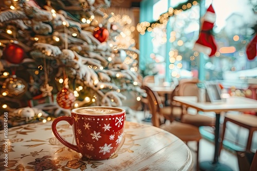 Cozy coffee shop with Christmas decor, warm coffee cup in a festive mug, holiday lights, snow falling outside  photo