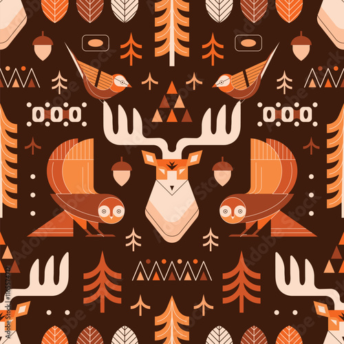 Obraz na płótnie Woodland Animals Folk Art Scandinavian Pattern w salonie
