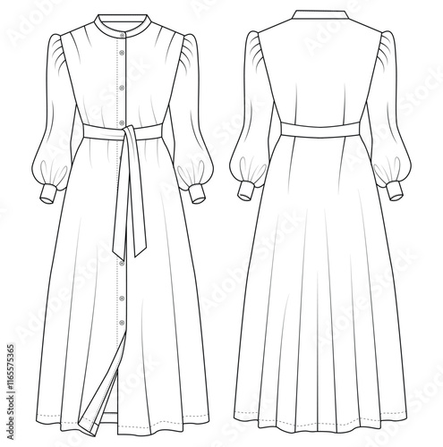 women long sleeve maxi Poet Sleeve dress design vector fashion flat sketch template