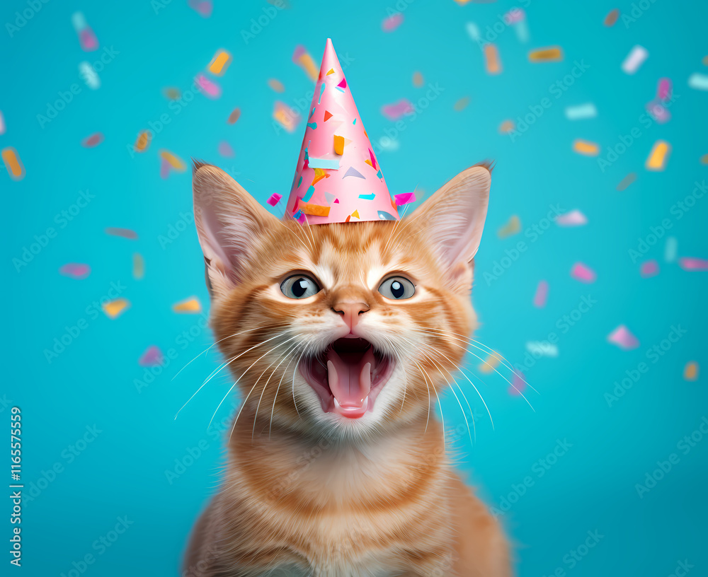 An exuberant ginger cat in a fun party hat revels in its playful celebration, amidst a burst of colorful confetti and lively excitement. An exuberant ginger cat in a fun party hat revels in its playful celebration, amidst a burst of colorful confetti and lively excitement.