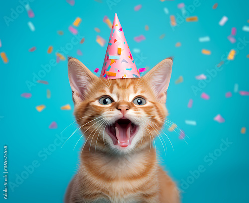 An exuberant ginger cat in a fun party hat revels in its playful celebration, amidst a burst of colorful confetti and lively excitement.	 photo