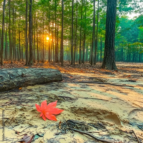 Excavation with heavy equipment in the forest with sunset in the afternoon