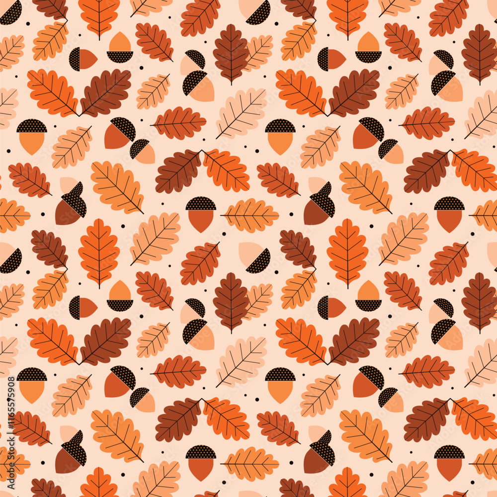 Autumn Oak Leaves and Acorns Modern Geometric Pattern