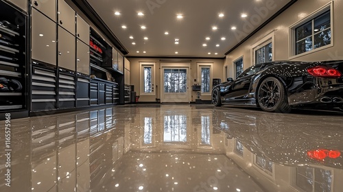 Luxury garage with epoxy flooring and full wall storage modern home interior design sleek environment low angle view high fidelity concept photo