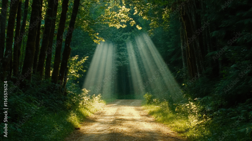 Fototapeta premium Tranquility, A serene forest path illuminated by sunlight, creating a peaceful atmosphere ideal for nature-themed projects or relaxation imagery.