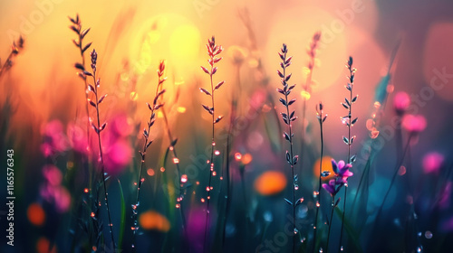 Tranquility, A close-up image of dew-covered grass at sunrise, showcasing the beauty of nature and the freshness of morning light.