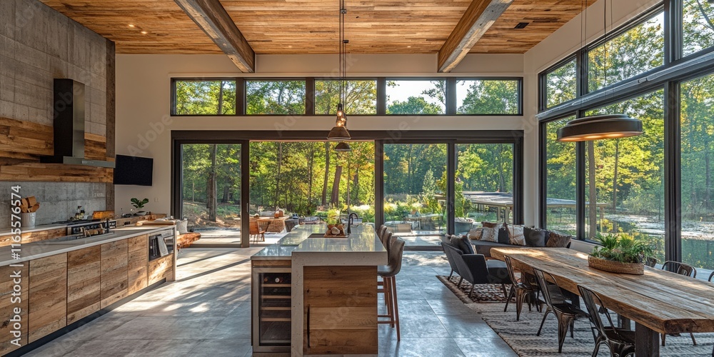 Modern rustic kitchen design in a sunlit open space with large windows and natural elements emphasizing comfort and style Modern rustic kitchen design in a sunlit open space with large windows and natural elements emphasizing comfort and style