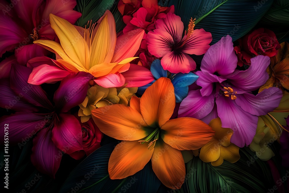 Fototapeta premium Bright and bold tropical flowers arranged in a colorful and dynamic design
