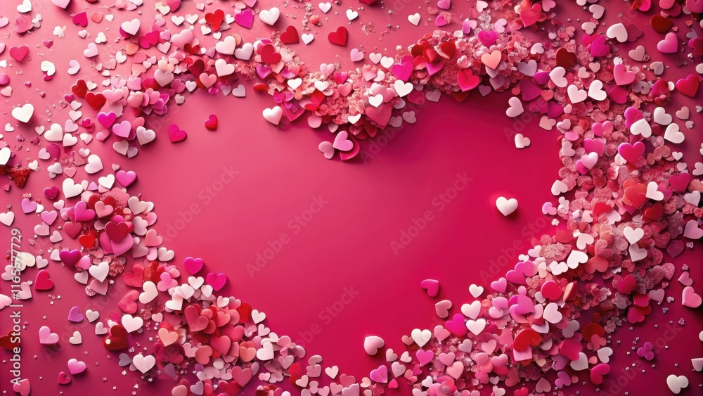 A vibrant pink backdrop adorned with a multitude of hearts in various shades of pink, red, and white, forming a romantic heart shape, perfect for celebrating love and affection. A vibrant pink backdrop adorned with a multitude of hearts in various shades of pink, red, and white, forming a romantic heart shape, perfect for celebrating love and affection.