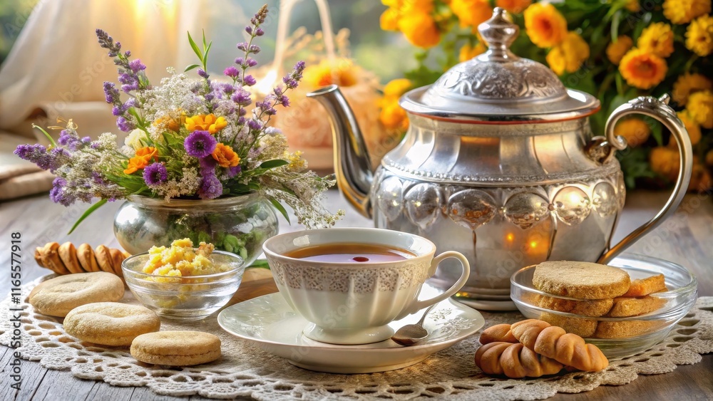 Fototapeta premium A porcelain teacup filled with steaming tea sits on a delicate lace doily, accompanied by a silver teapot, a bowl of sweet treats, and a vibrant bouquet of purple and yellow flowers.