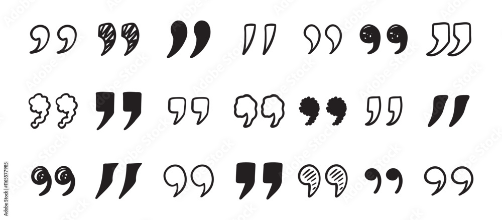 Quotation mark doodle hand drawn set. Quotation marks drawing for quotes template Quotation mark doodle hand drawn set. Quotation marks drawing for quotes template