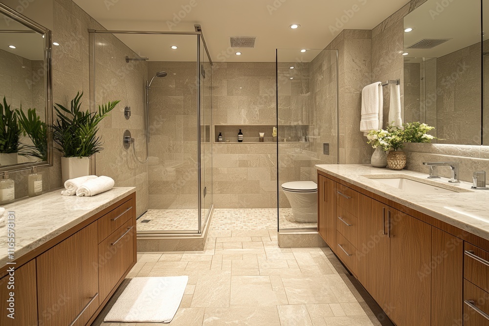 Luxurious modern bathroom design with marble accents and rainfall shower urban apartment interior contemporary style elegant ambiance Luxurious modern bathroom design with marble accents and rainfall shower urban apartment interior contemporary style elegant ambiance