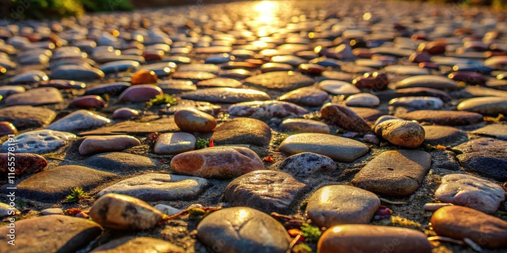 Obraz premium Cobblestone path bathed in the warm glow of the setting sun, reflecting the golden hues of twilight