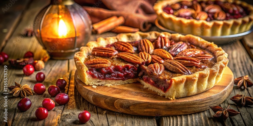 A Rustic Table Setting Featuring a Delicious Pecan Pie with a Warm, Golden Crust and a Rich, Red Filling, Surrounded by Scattered Cranberries and Star Anise A Rustic Table Setting Featuring a Delicious Pecan Pie with a Warm, Golden Crust and a Rich, Red Filling, Surrounded by Scattered Cranberries and Star Anise