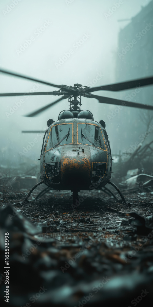 Rusted helicopter in post apocalyptic foggy landscape for dystopian or survival themes Rusted helicopter in post apocalyptic foggy landscape for dystopian or survival themes