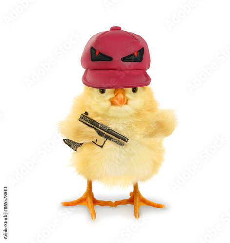 Crazy cute cool chick baby animal with dangerous cap and golden gun funny conceptual image