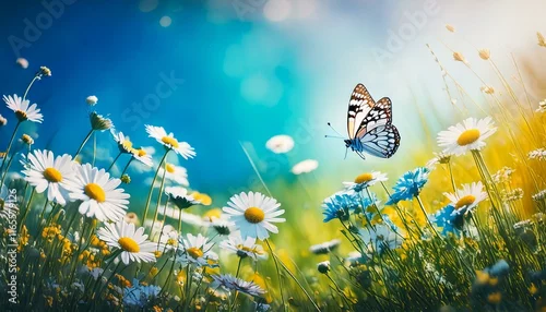 Fototapeta Wiosenna łąka z białymi kwiatami i motylami